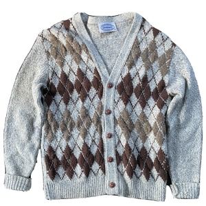 Vintage Heritage USA Argyle Cardigan Sweater Medium Small 70s 80s Brown Wool0